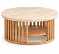 Table basse ronde à plateau veiné et base à barreaux, beige
