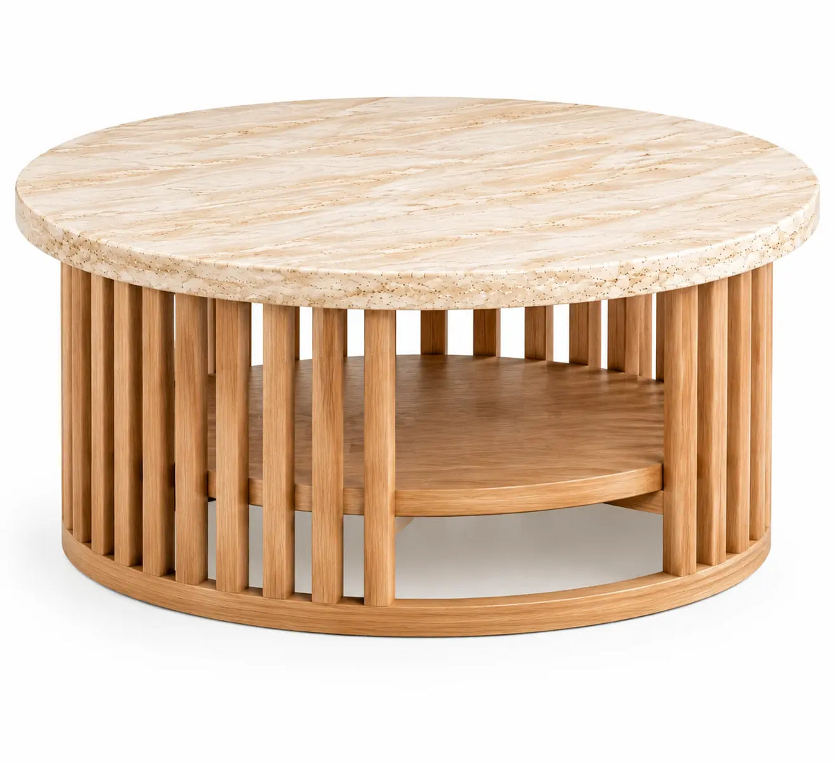 Table basse ronde à plateau veiné et base à barreaux, beige