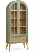 Vitrine haute cintrée à deux portes transparentes et tiroir, vert et beige
