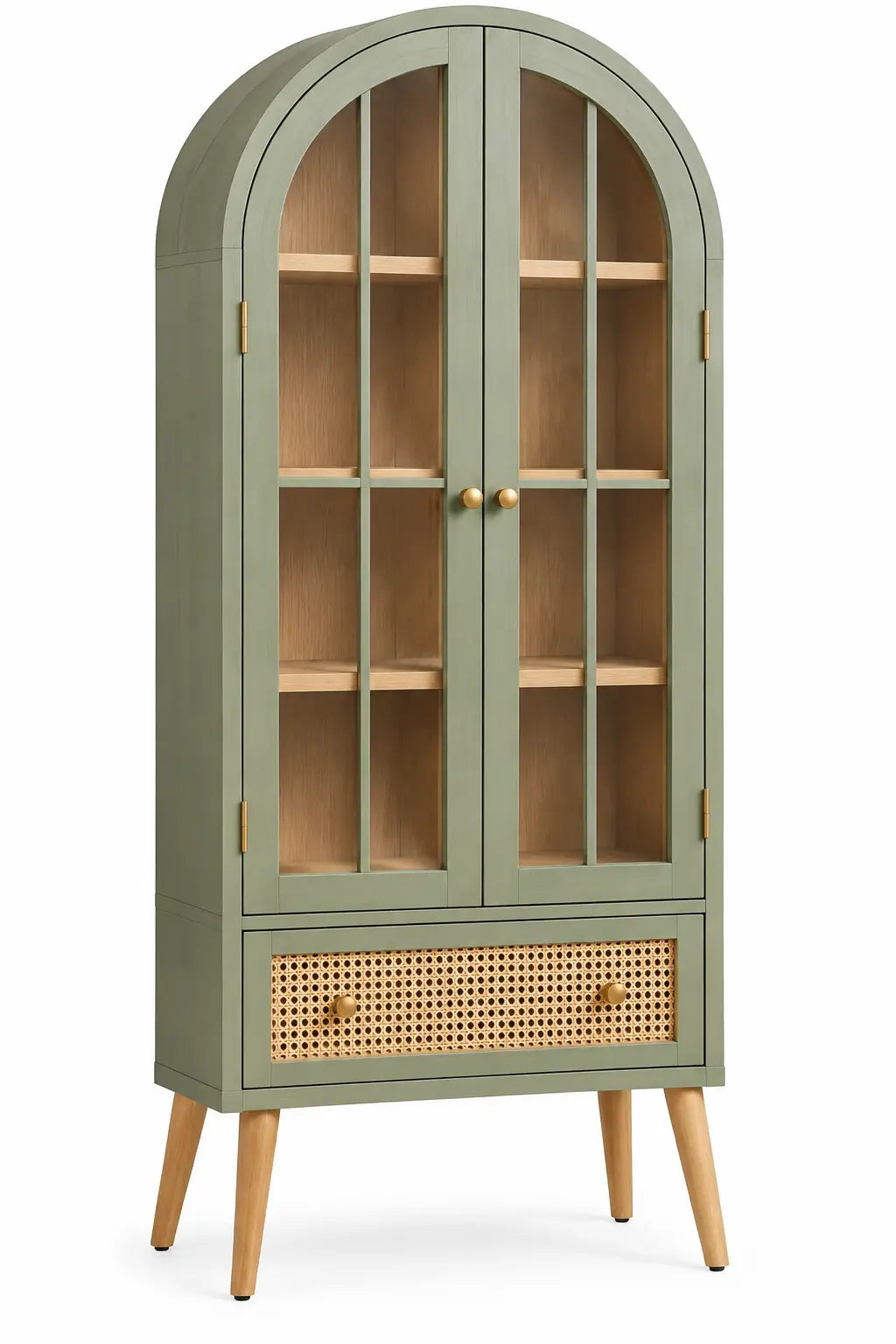 Vitrine haute cintrée à deux portes transparentes et tiroir, vert et beige