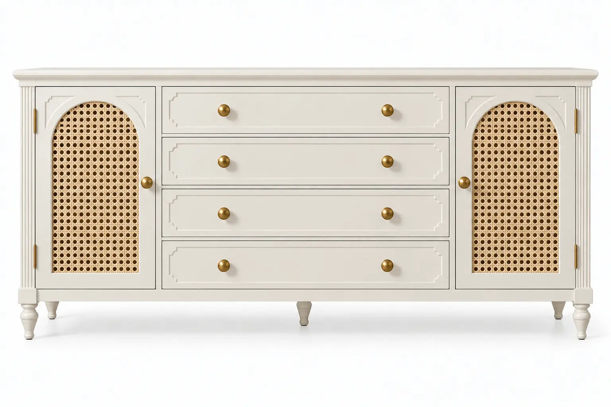 Buffet à deux portes ajourées et quatre tiroirs moulurés, blanc et beige