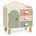 Petit meuble à porte cintrée et trois tiroirs à poignées nuage, blanc, vert et rose