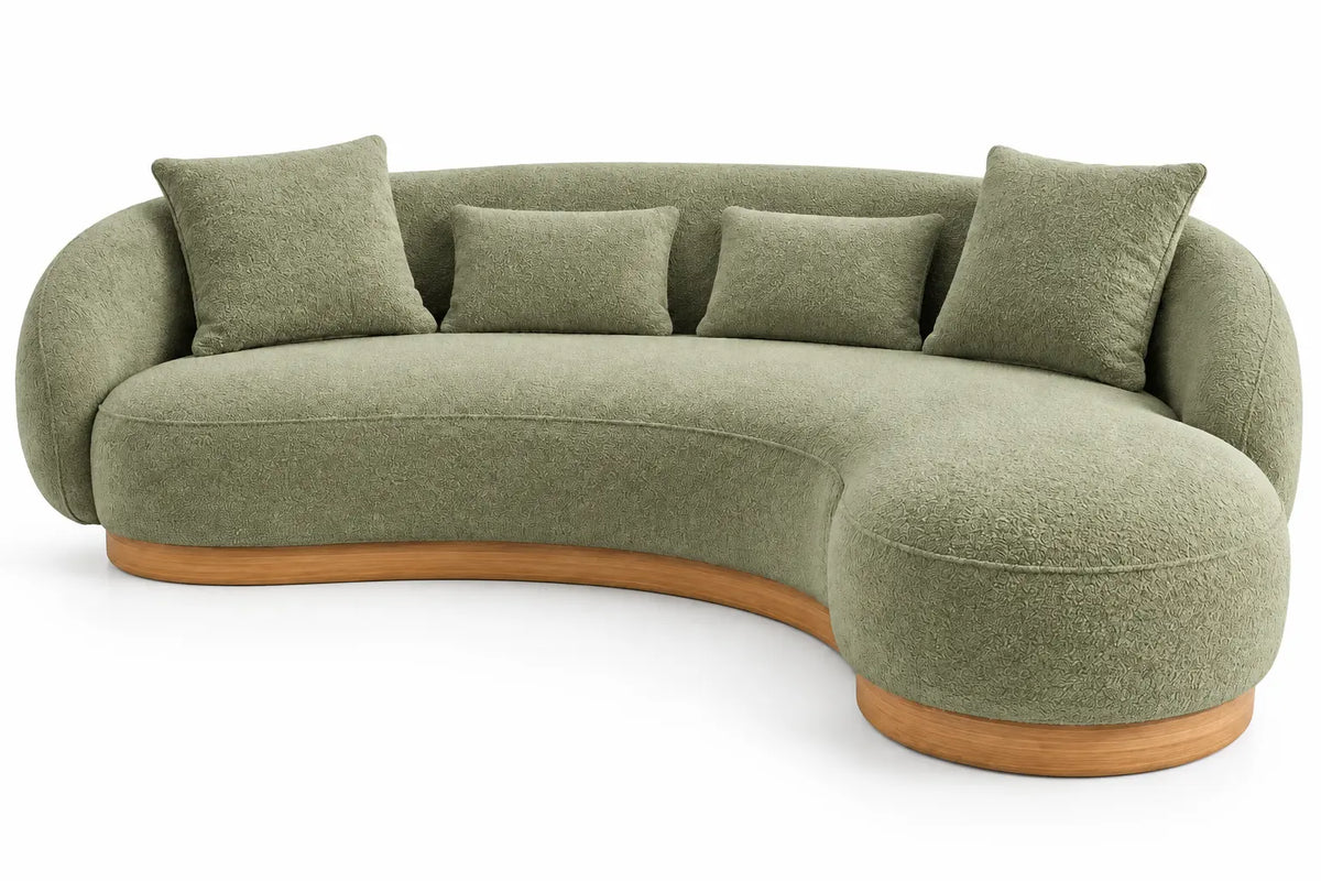 Canapé courbe à méridienne arrondie droite et base beige, vert