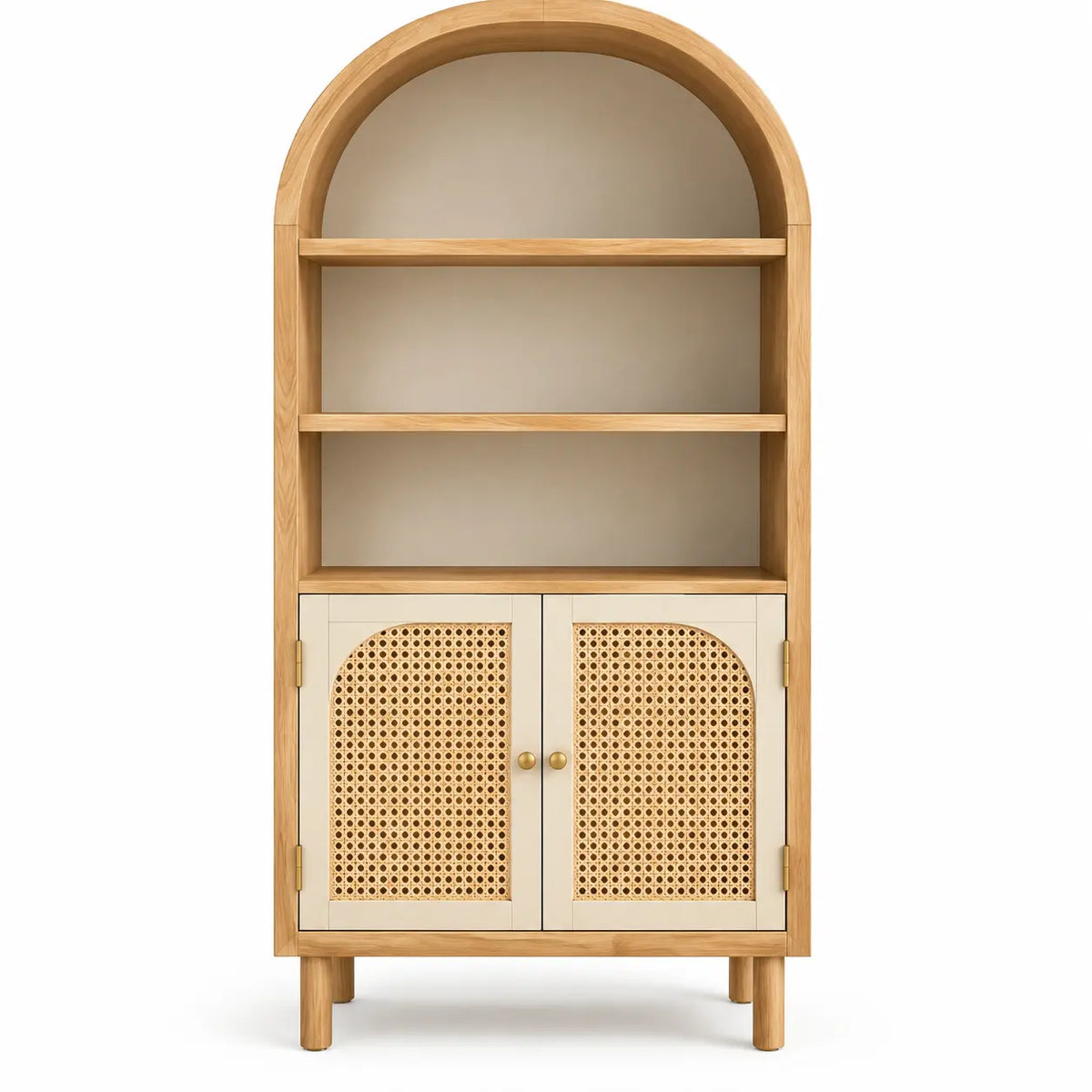 Bibliothèque cintrée à étagères et deux portes ajourées, beige et blanc