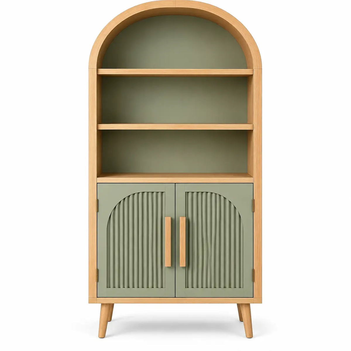 Bibliothèque cintrée à portes basses rainurées, vert et beige