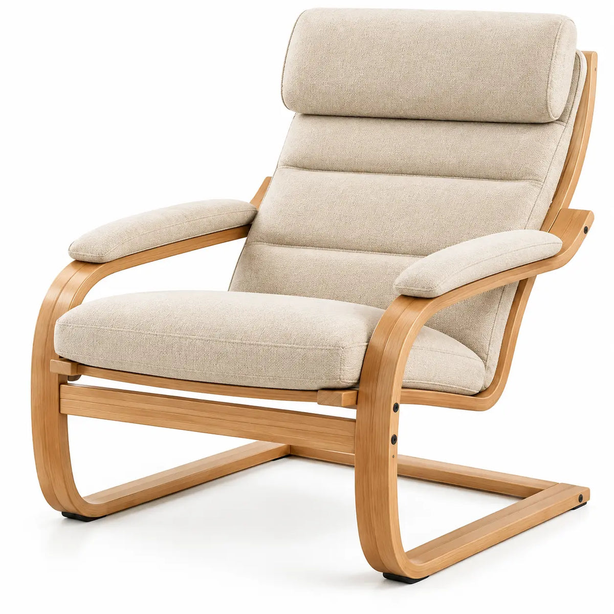Fauteuil à dossier haut segmenté et structure courbe, beige