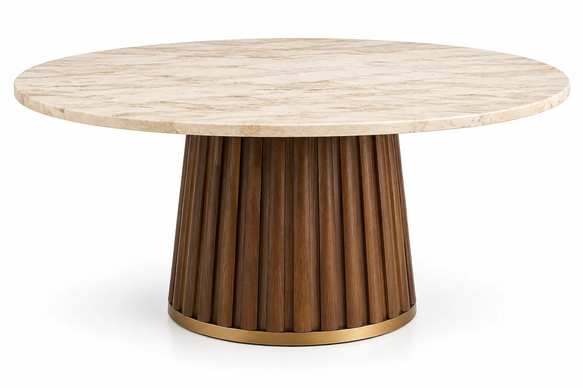 Table à manger ronde à plateau veiné et pied cannelé, beige et marron