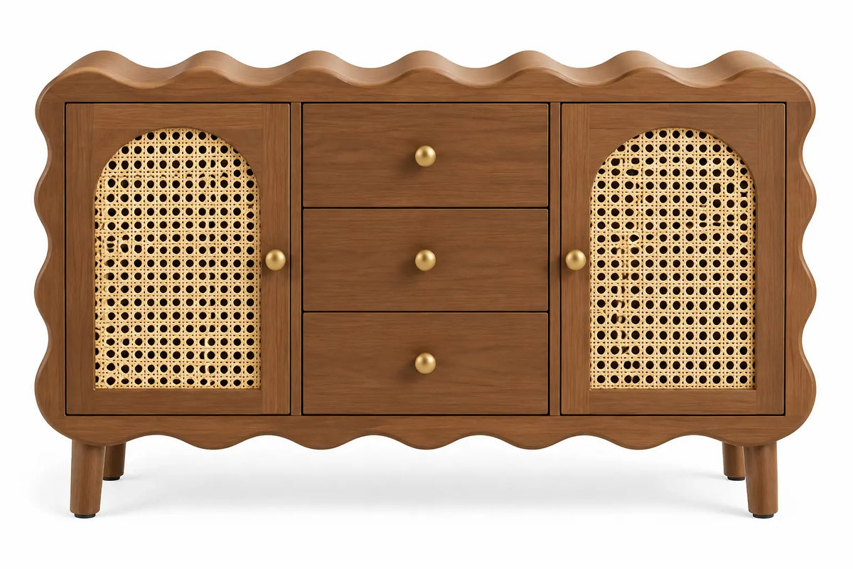 Buffet à bordure ondulée, portes ajourées et trois tiroirs, marron